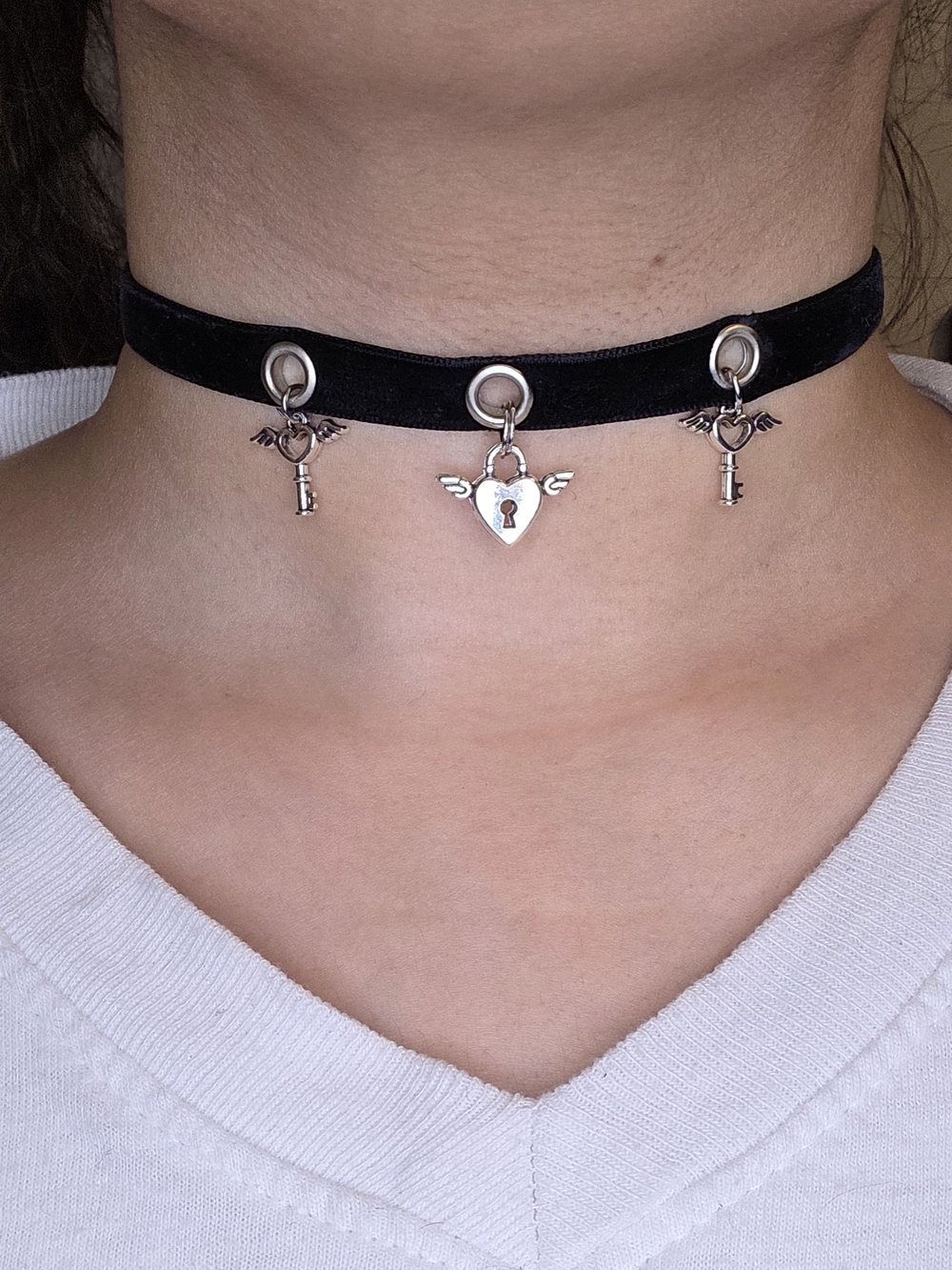 Black Velvet Choker Necklace with Silver Key & Lock Charms